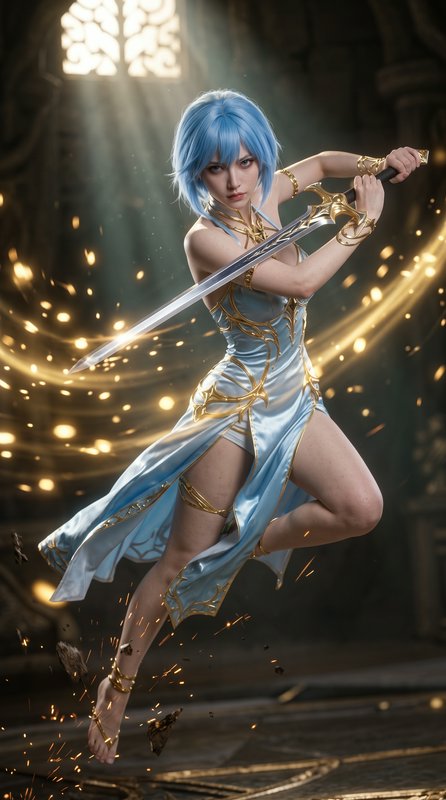 Blue-haired fantasy female warrior in dynamic combat pose wielding an ornate enchanted sword amid...