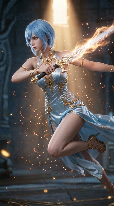 Short light blue haired fantasy female warrior wielding a flaming enchanted sword in a sunlit anc...