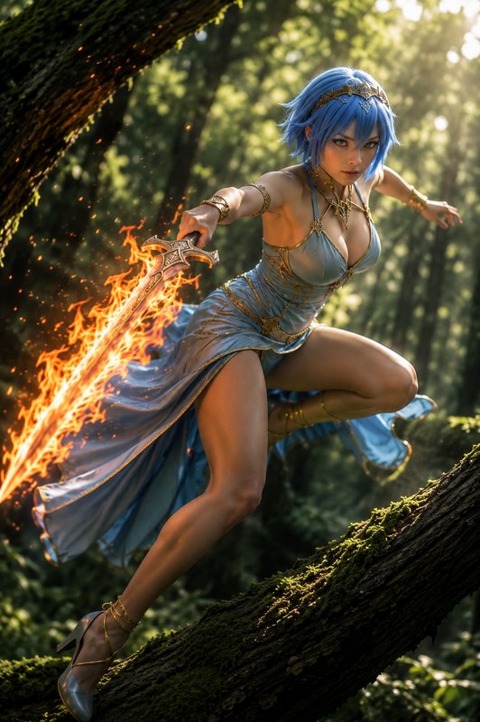 Blue haired fantasy warrior holds a flaming enchanted sword, balanced in combat stance on a mossy...