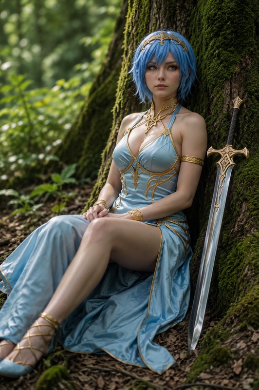 Elven warrior with short blue hair in a gold-trimmed pale blue gown rests against a mossy forest ...
