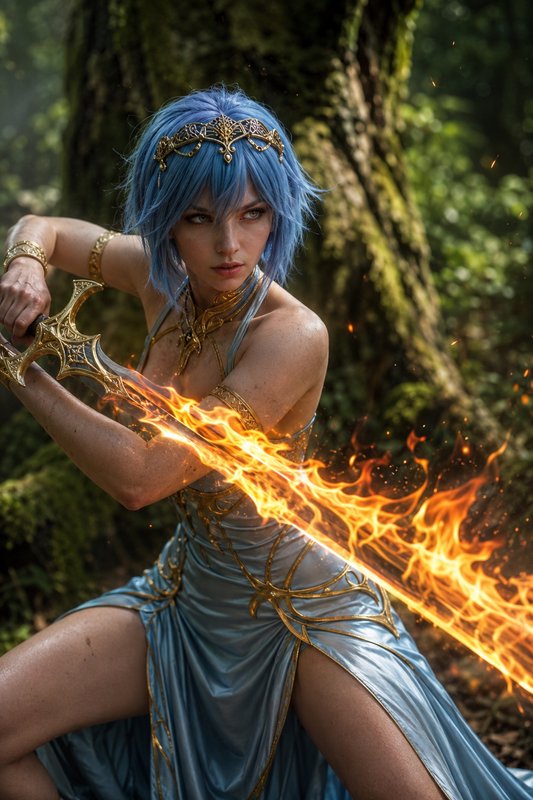 Fierce elven warrior with short blue hair holds a flaming enchanted sword, posed battle-ready in ...
