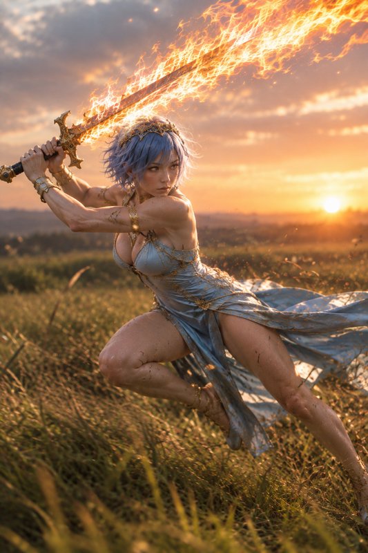Powerful blue-haired fantasy warrior holds a flaming enchanted sword mid-battle in a grassy field...