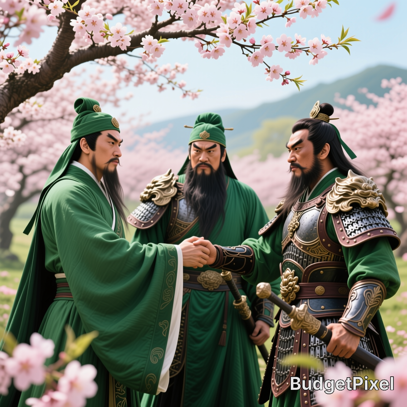Three Three Kingdoms heroes stand in a cherry blossom orchard performing the historic Peach Garden Oath, shaking hands in ...