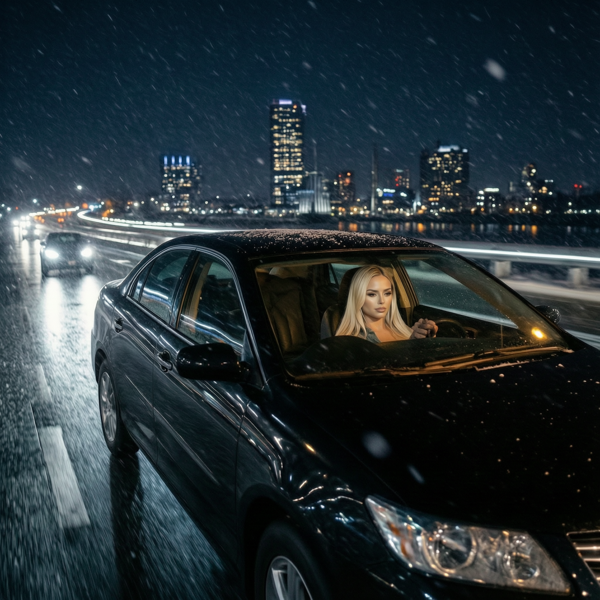 Blonde woman driving a glossy black sedan across a snowy city bridge at night, with falling snow and a lit urban skyline i...