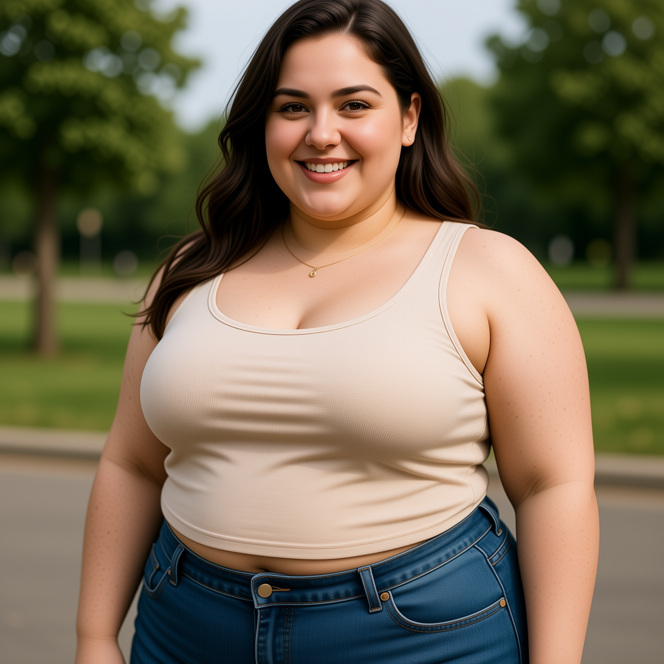 Smiling plus-size woman in a beige tank top standing in a sunny public park