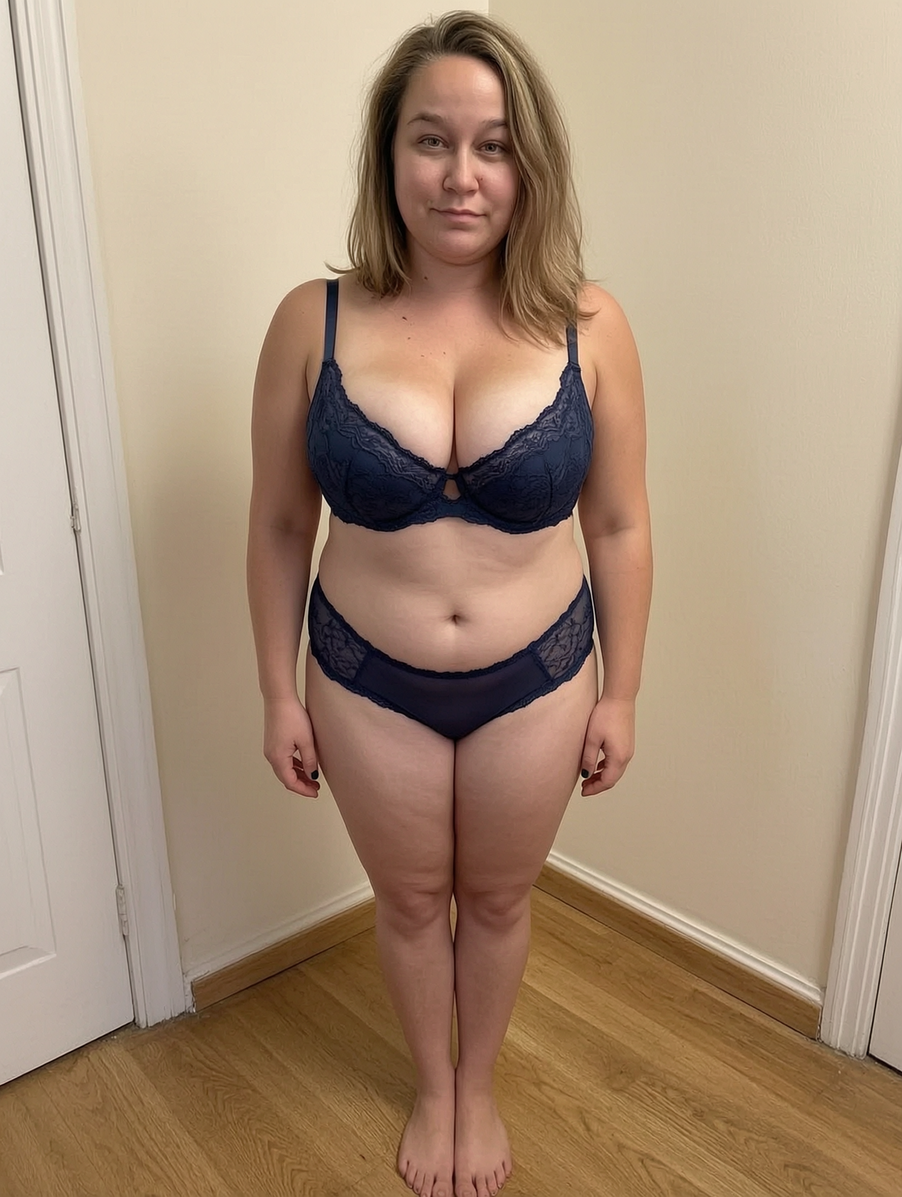 Curvy woman wearing matching navy lace lingerie stands facing the camera in a home interior
