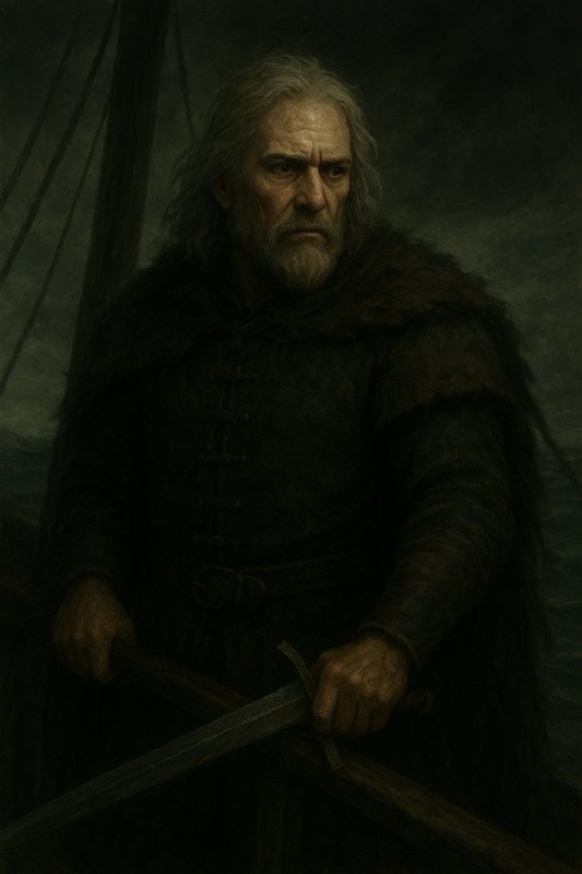 Stern gray-bearded elder viking captain holding a sword aboard a longship, dark stormy maritime background