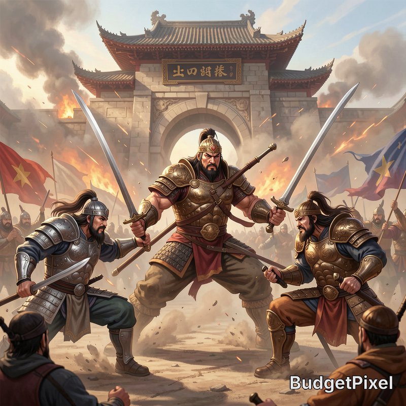 Three armored ancient Chinese warlords duel with swords outside a burning besieged traditional East Asian fortress gate