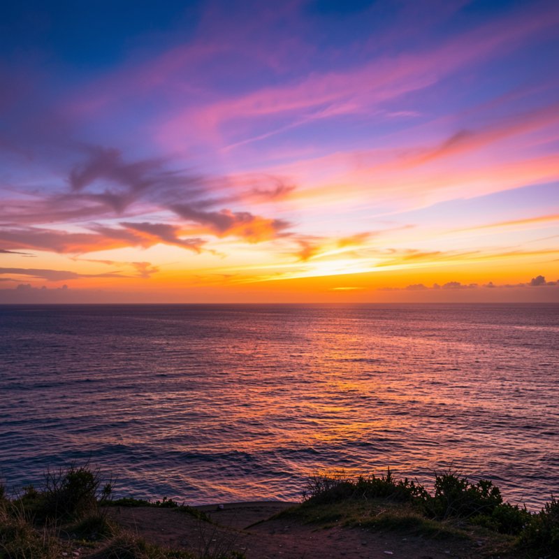 Vibrant sunset sky streaked with purple, pink, and orange reflects on calm ocean, viewed from a grassy coastal cliff edge.