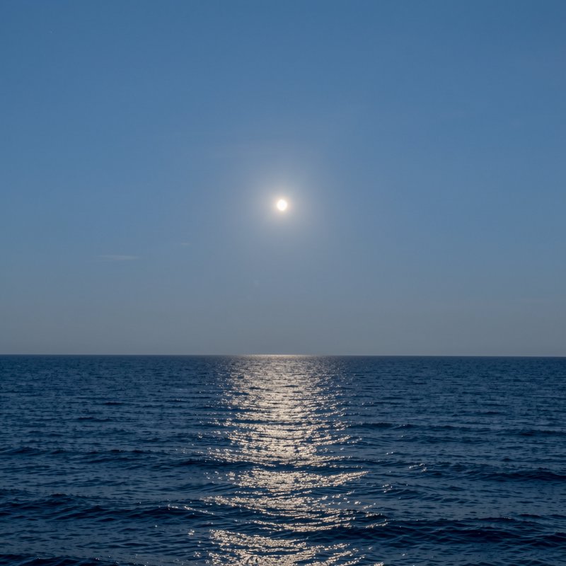 Bright overhead sun casts a shimmering golden reflection path across rippled dark open ocean under a clear cloudless blue ...