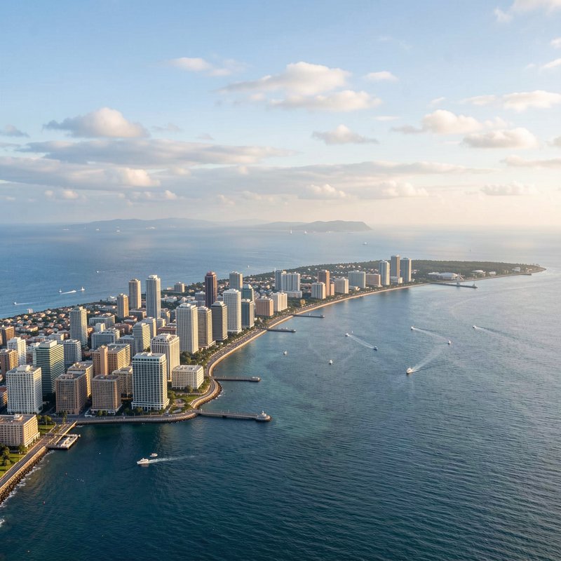 Aerial view of a modern high-rise coastal island city surrounded by calm blue ocean, with boats n...