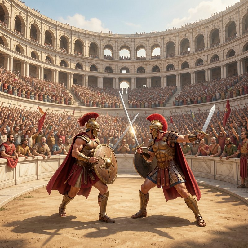 Two armored Roman gladiators duel with swords and shields in a packed sunlit Colosseum as cheerin...