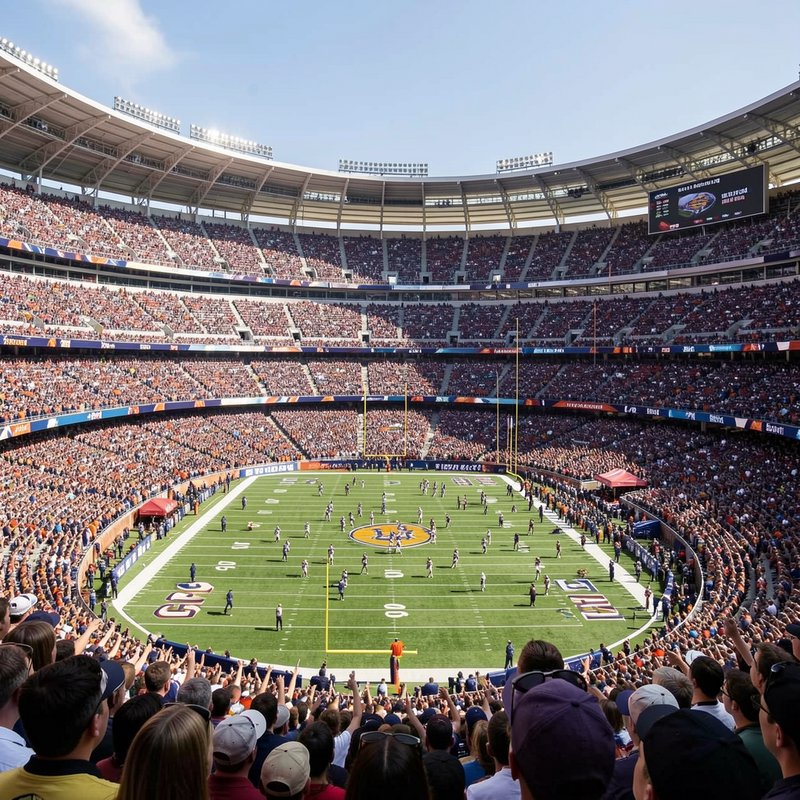 Wide elevated view of a sold-out outdoor football stadium packed with fans during a live daytime ...