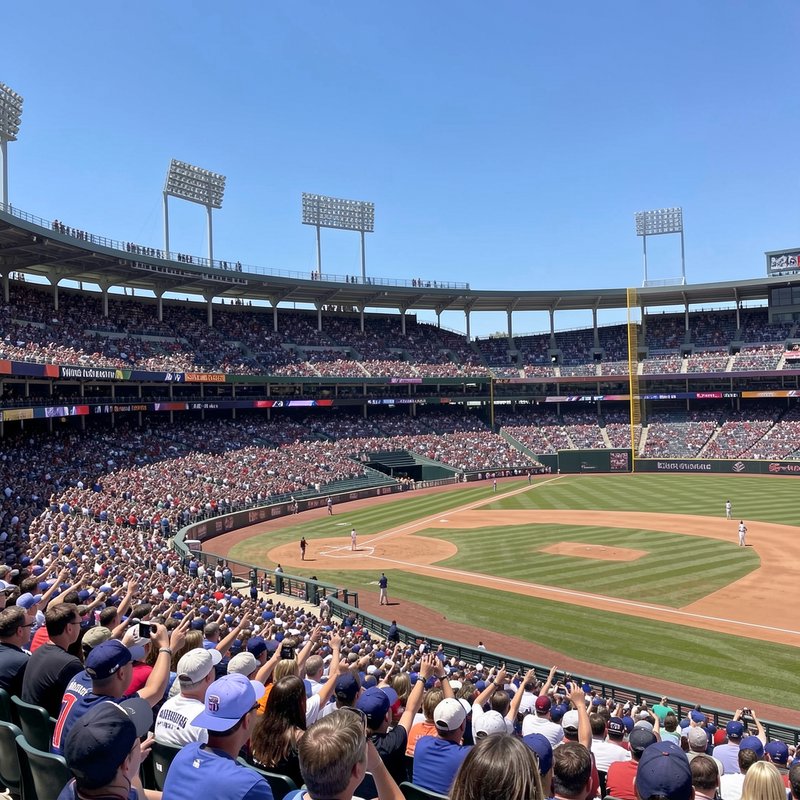 Wide view of a packed open-air baseball stadium with cheering fans during a sunny daytime game un...