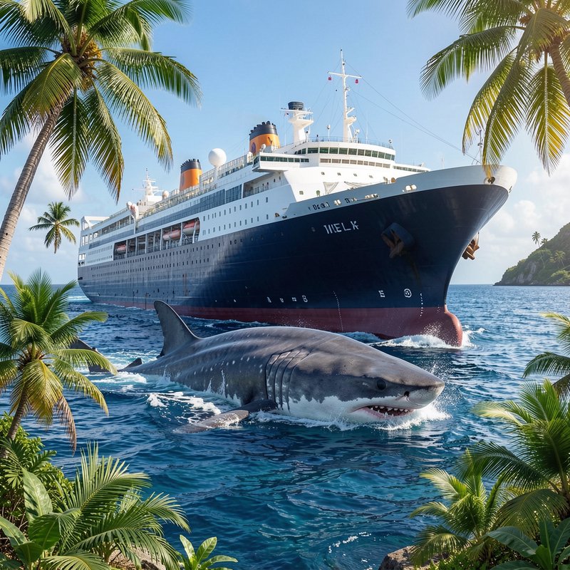 Massive giant shark swims beside a vintage ocean liner, framed by tropical palm trees on a sunny ...