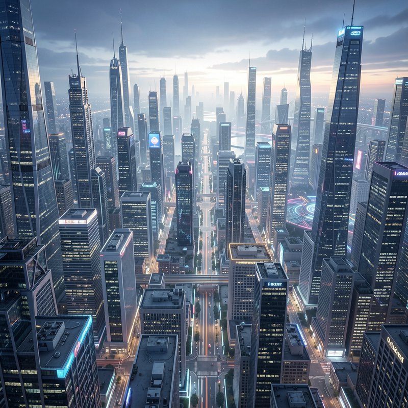 Aerial view of a dense futuristic megacity skyline at dusk, with glowing skyscraper lights, neon ...
