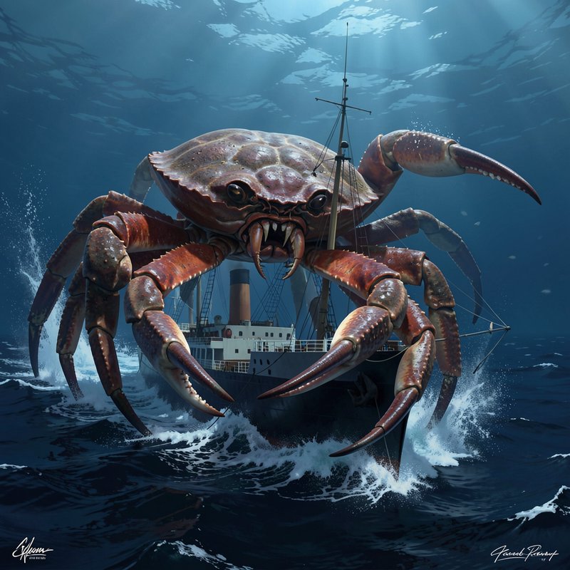 Giant menacing fanged fantasy sea crab attacks a vintage steamship on choppy sunlit open ocean, s...