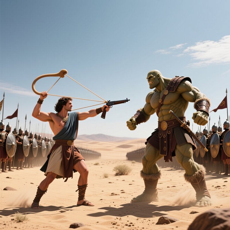 Surreal anachronistic duel between a human warrior and giant orc Goliath on a sunny desert battle...