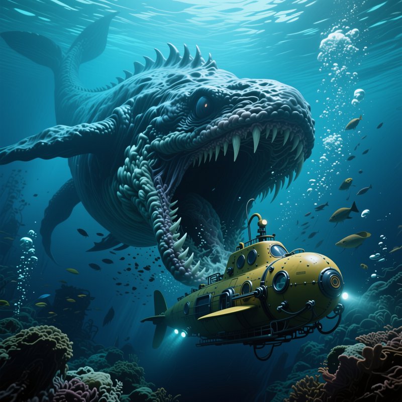 Giant fanged deep sea leviathan lunges toward a small yellow submarine over a coral seabed underw...