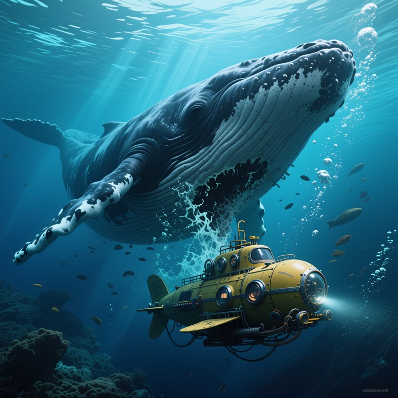 Vintage yellow steampunk submarine floats below a giant humpback whale in sunlit deep blue ocean ...