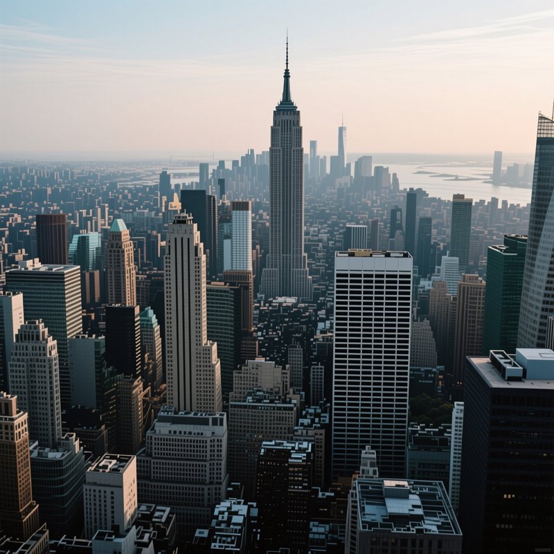 Aerial sunrise view of the Manhattan New York skyline, centered on the iconic Empire State Buildi...