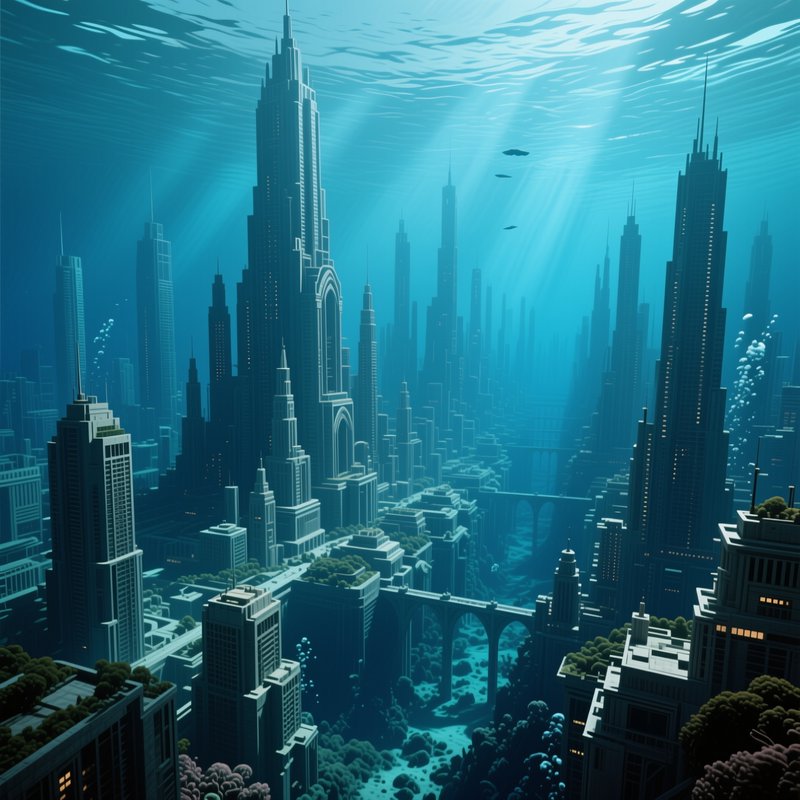 [Underwater view of a sunken art deco skyscraper city, sunbeams filtering through turquoise ocean water above]