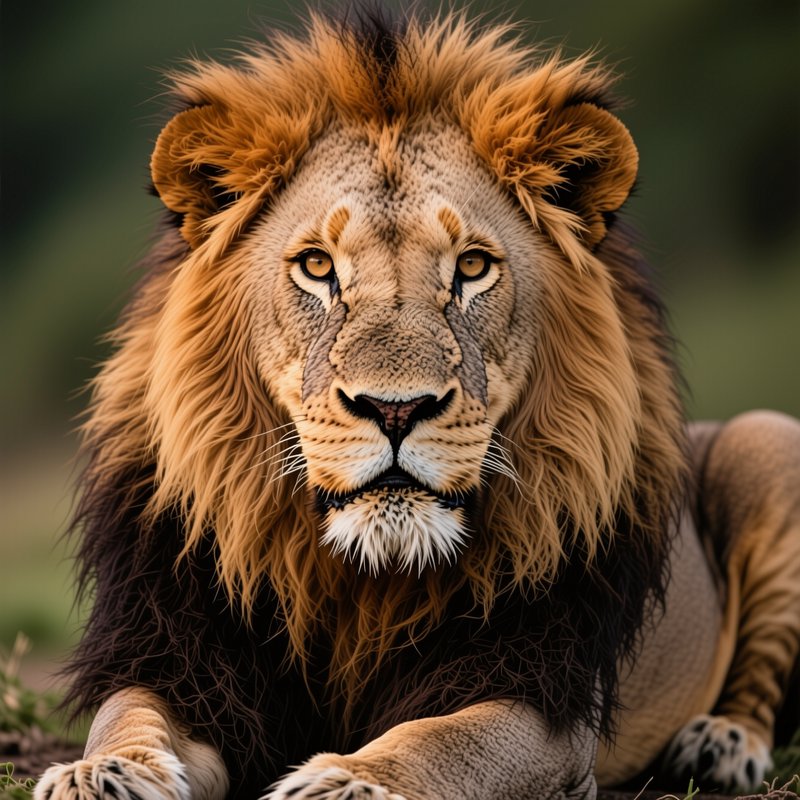 Close-up portrait of a majestic male lion with a thick gradient mane, resting and staring directly at the viewer.