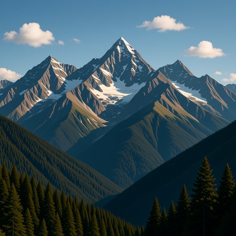 Stylized snow-capped alpine mountain range, dense evergreen forest foreground, bright blue sky wi...