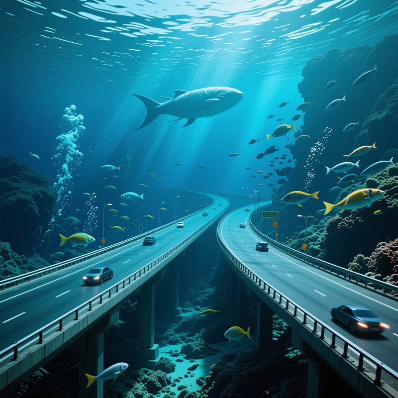 Surreal underwater scene of elevated highways with moving cars, surrounded by sea life as sunbeam...