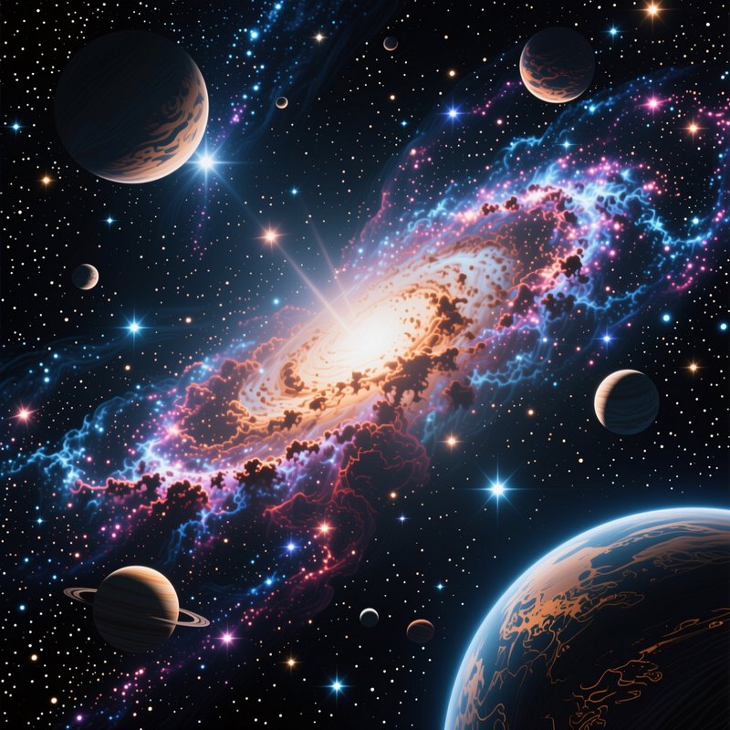 Vibrant deep space scene with glowing spiral galaxy, scattered planets, bright twinkling stars, a...
