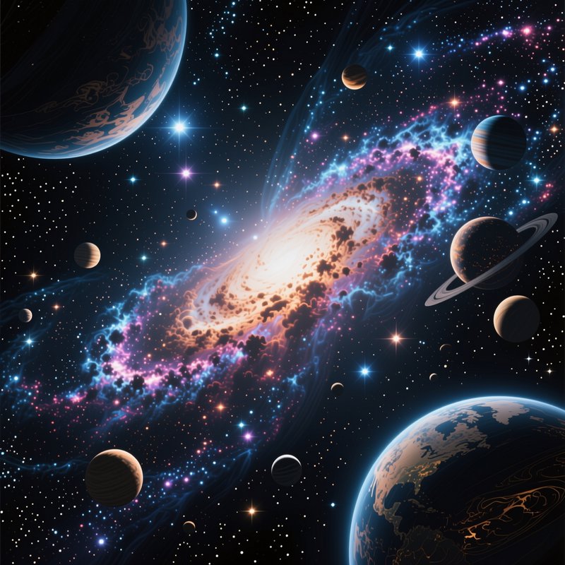 Luminous swirling spiral galaxy, sparkling stars, and assorted planets including a ringed gas gia...