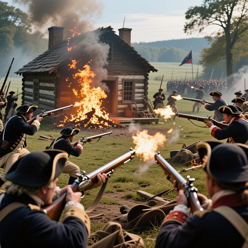Revolutionary War colonial soldiers fire flintlock muskets beside a burning log cabin during an o...