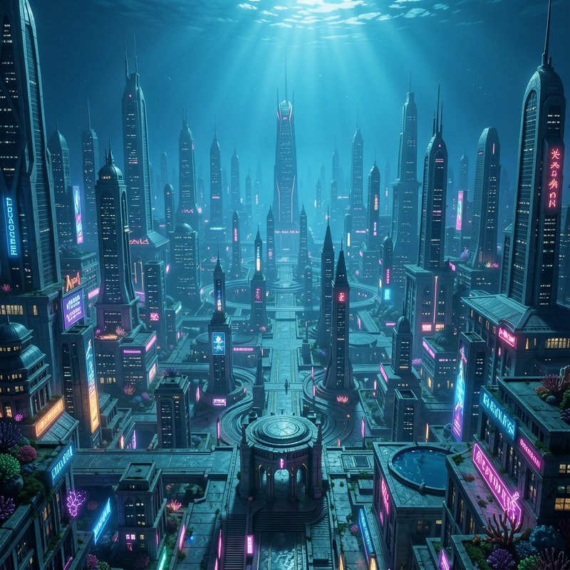 Neon-lit futuristic cyberpunk underwater city, with sunbeams filtering through ocean onto a skyli...