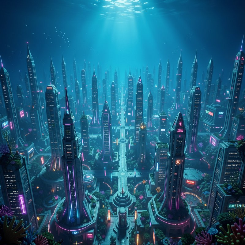 Futuristic cyberpunk underwater city with glowing neon skyscrapers, sunbeams filtering through deep blue ocean water.