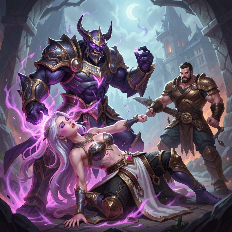 Tense fantasy battle scene: horned armored demon casts purple magic on injured elven heroine as a...