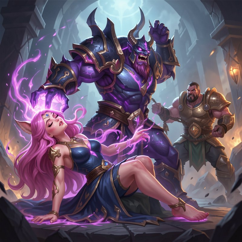 Towering armored demon channels purple magic at a pink-haired fox-eared mage as an armored warrio...