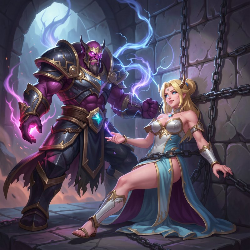 Armored purple demonic sorcerer confronts chained blonde elven princess with glowing magic in a s...