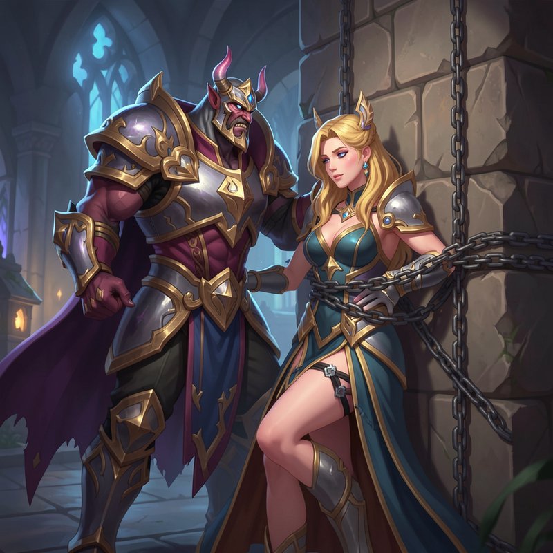 Menacing horned armored warlord stands beside a chained blonde elven knight in a gothic stone dun...