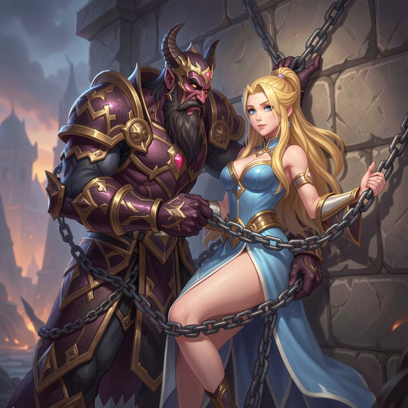 Fantasy illustration of horned armored demon knight standing beside chained blonde princess in a ...