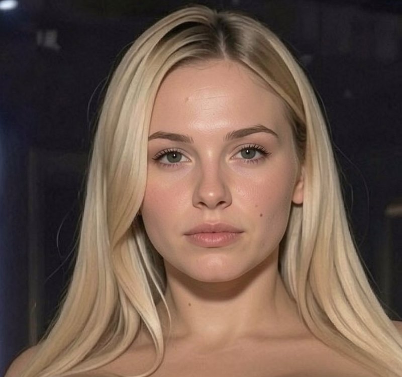 Close-up portrait of a young woman with long straight platinum blonde hair, green eyes, and natur...