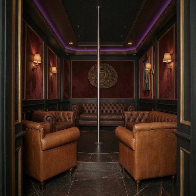 Upscale private lounge with tufted brown leather seating, central chrome dance pole, burgundy vel...