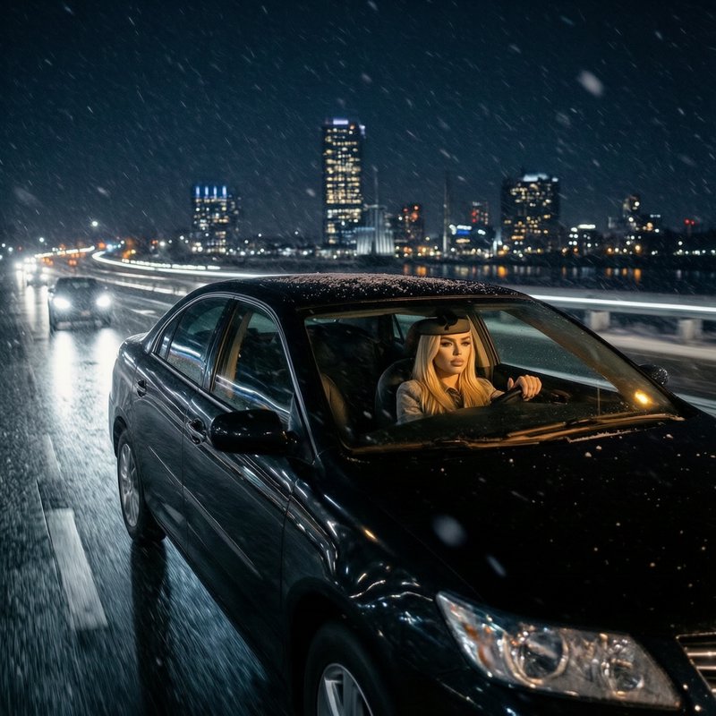 Blonde woman driving a glossy black sedan on a snow-dusted city highway at night, with a lit down...