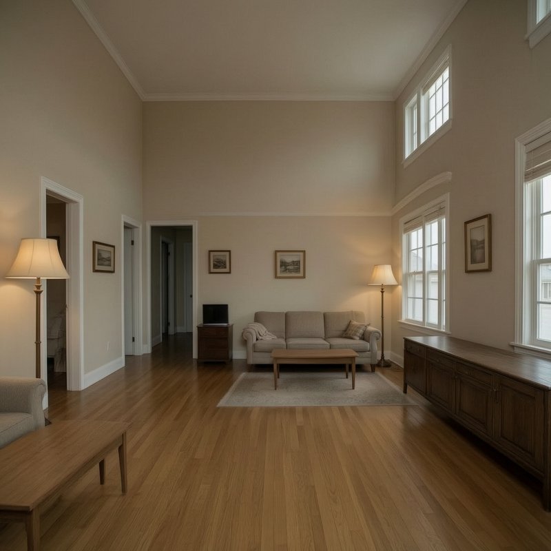 Spacious vaulted ceiling traditional living room with hardwood floors, neutral beige walls, and c...
