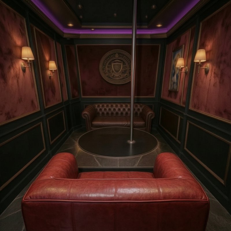 Luxury intimate VIP lounge with leather seating, central dance pole, wall sconces, and purple cei...