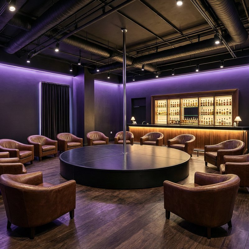 Upscale private lounge with central circular dance stage, metal pole, brown leather seating, purp...