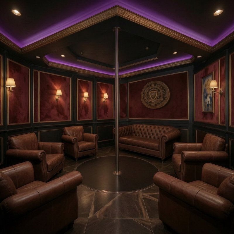 Upscale private lounge with central dance pole, tufted leather seating, burgundy paneled walls, p...