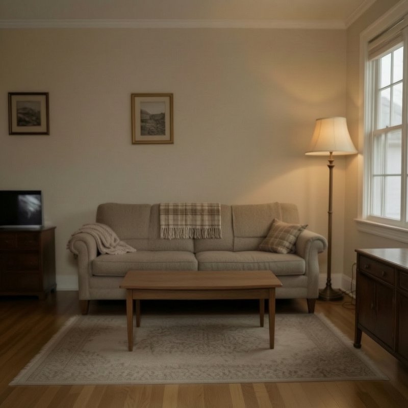 Cozy traditional neutral living room, featuring a beige sofa, wooden coffee table, warm floor lam...
