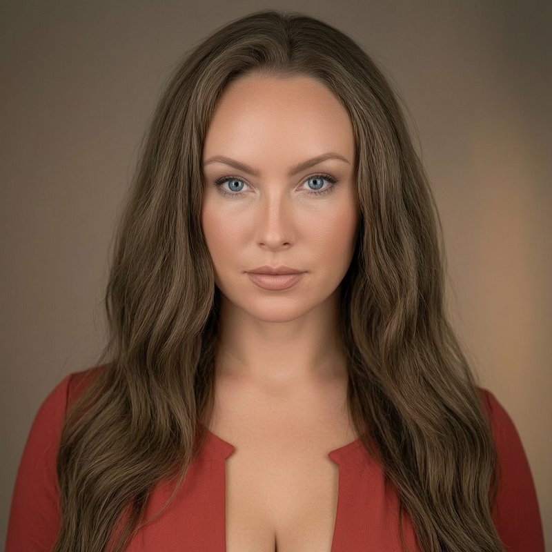 Professional studio headshot of a woman with long wavy brown hair, bright blue eyes, and rust red...