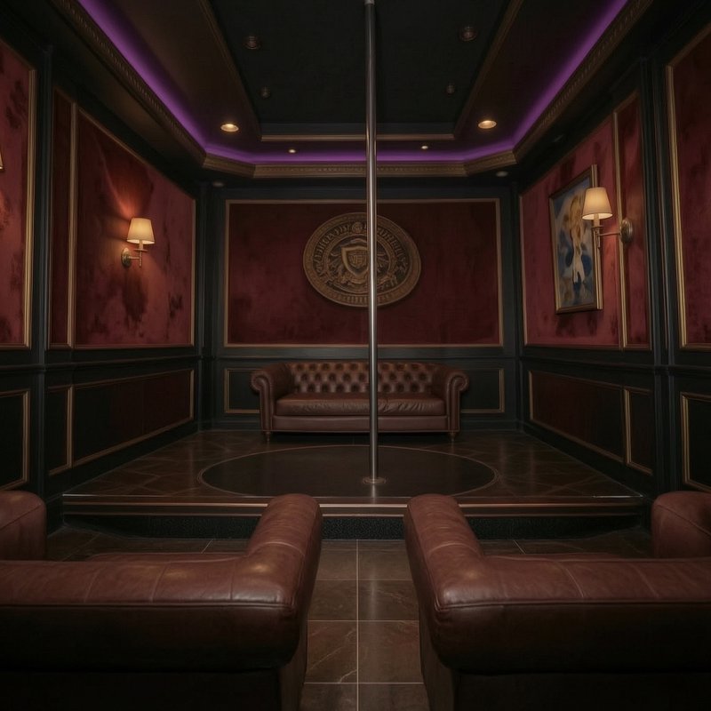 Opulent private VIP lounge with central dance pole, tufted leather seating, burgundy velvet walls...