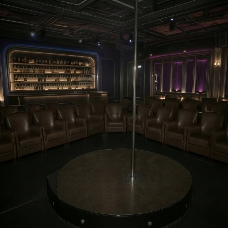 Dim intimate performance lounge with central pole dance stage, brown leather audience chairs, and...